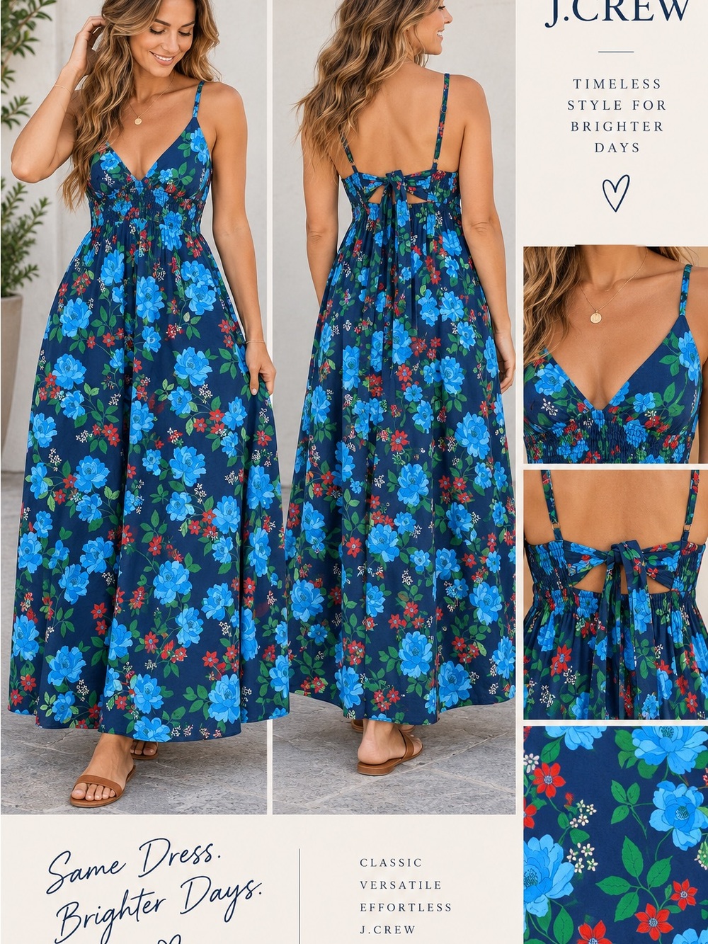 J. Crew Navy Floral Tie-Back Maxi Dress